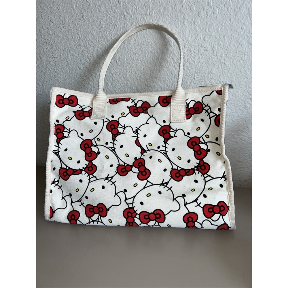 Hello Kitty beige Red Canvas Tote Bag Bow Sanrio Zipper Tote 15x11.5